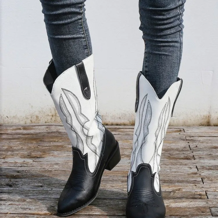 2022 Winter Cowboy Boots Women Pointed Toe Women's Shoes Printing Mid Calf Boots