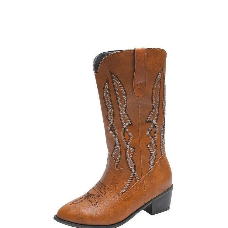 2022 Winter Cowboy Boots Women Pointed Toe Women's Shoes Printing Mid Calf Boots