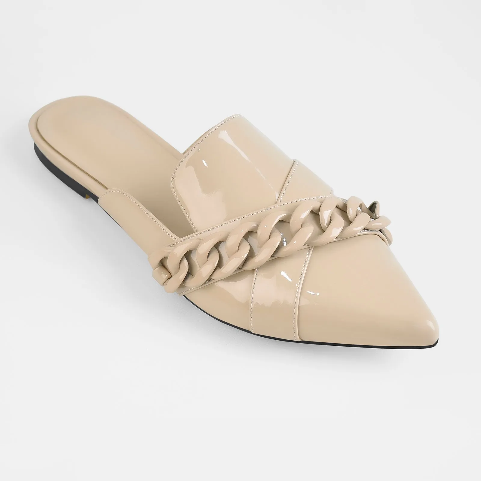 Beige Pointed Toe Chain Flat Mules