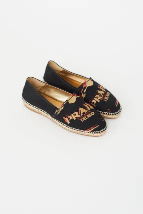 Black & Multi Embroidered Logo Espadrille Flat