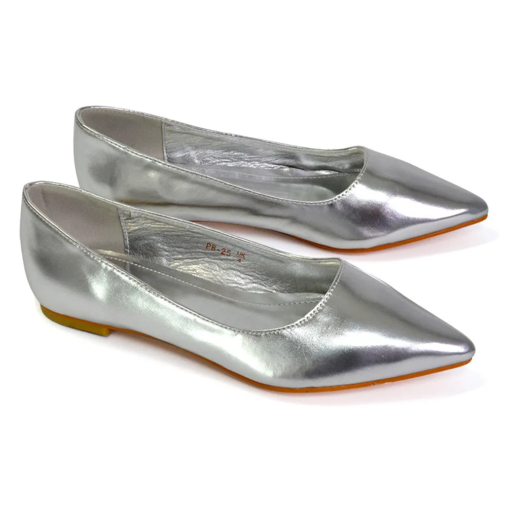 Bubbles Bridal Flats Pointed Toe Wedding Slip on Flat Ballerina Pump Shoes in Silver