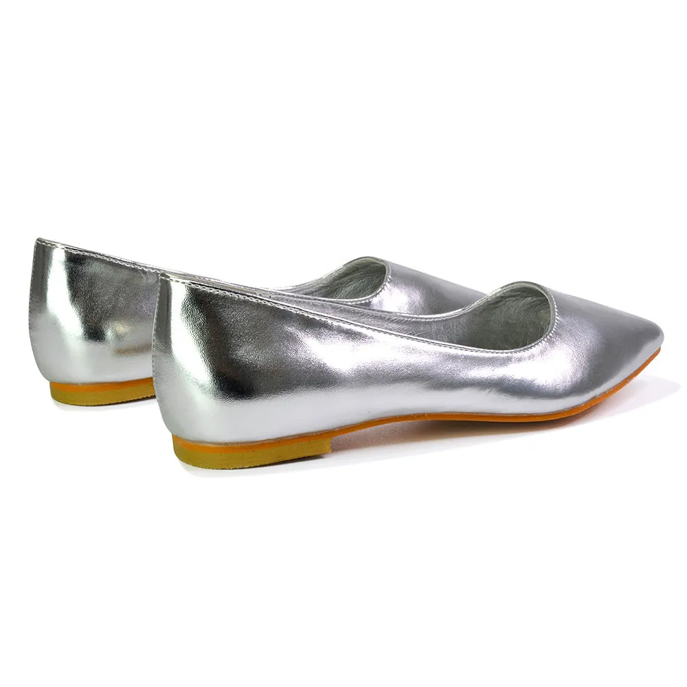 Bubbles Bridal Flats Pointed Toe Wedding Slip on Flat Ballerina Pump Shoes in Silver