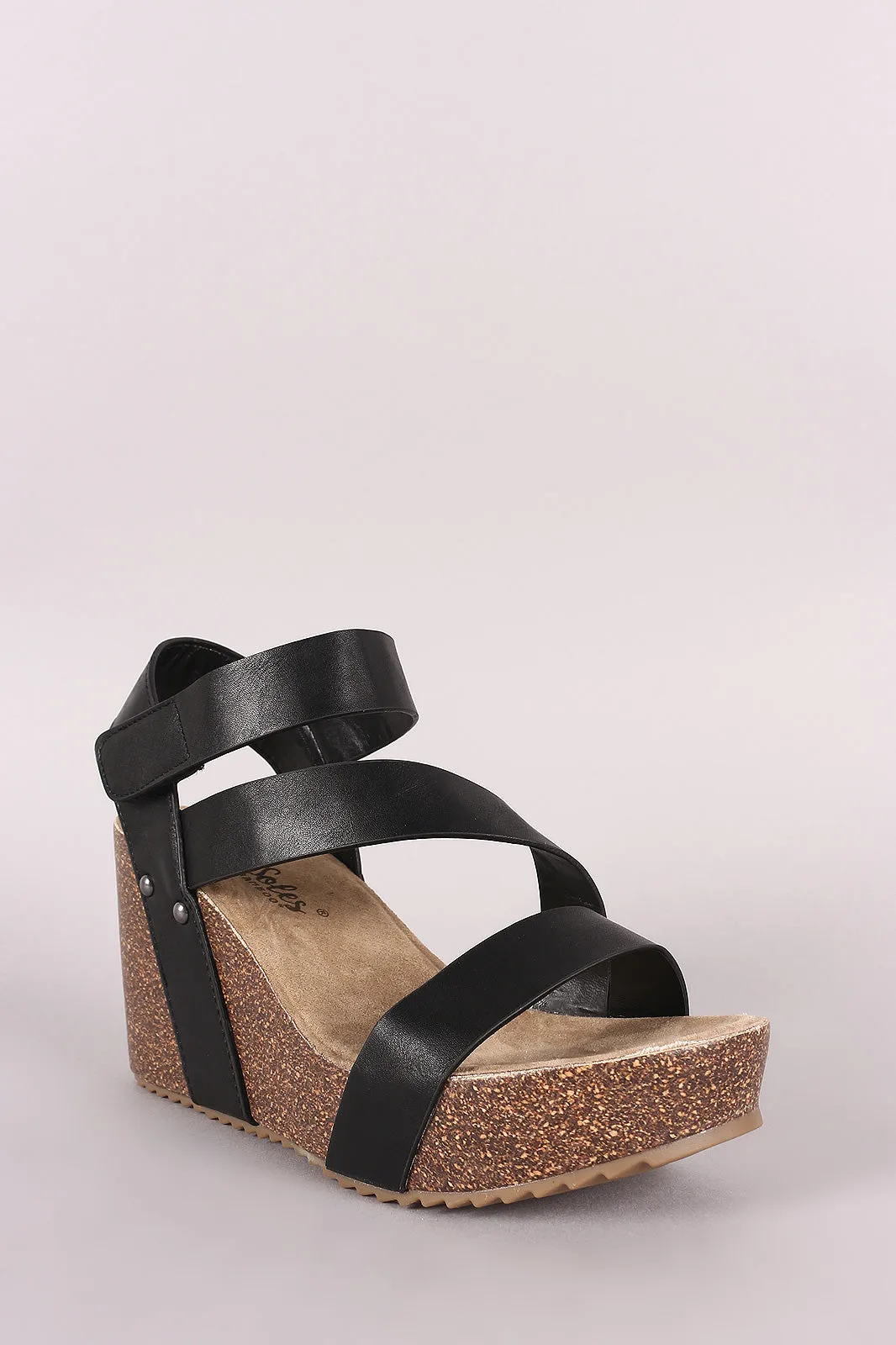 Comfy Soles Asymmetrical Strap Cork Platform Wedge