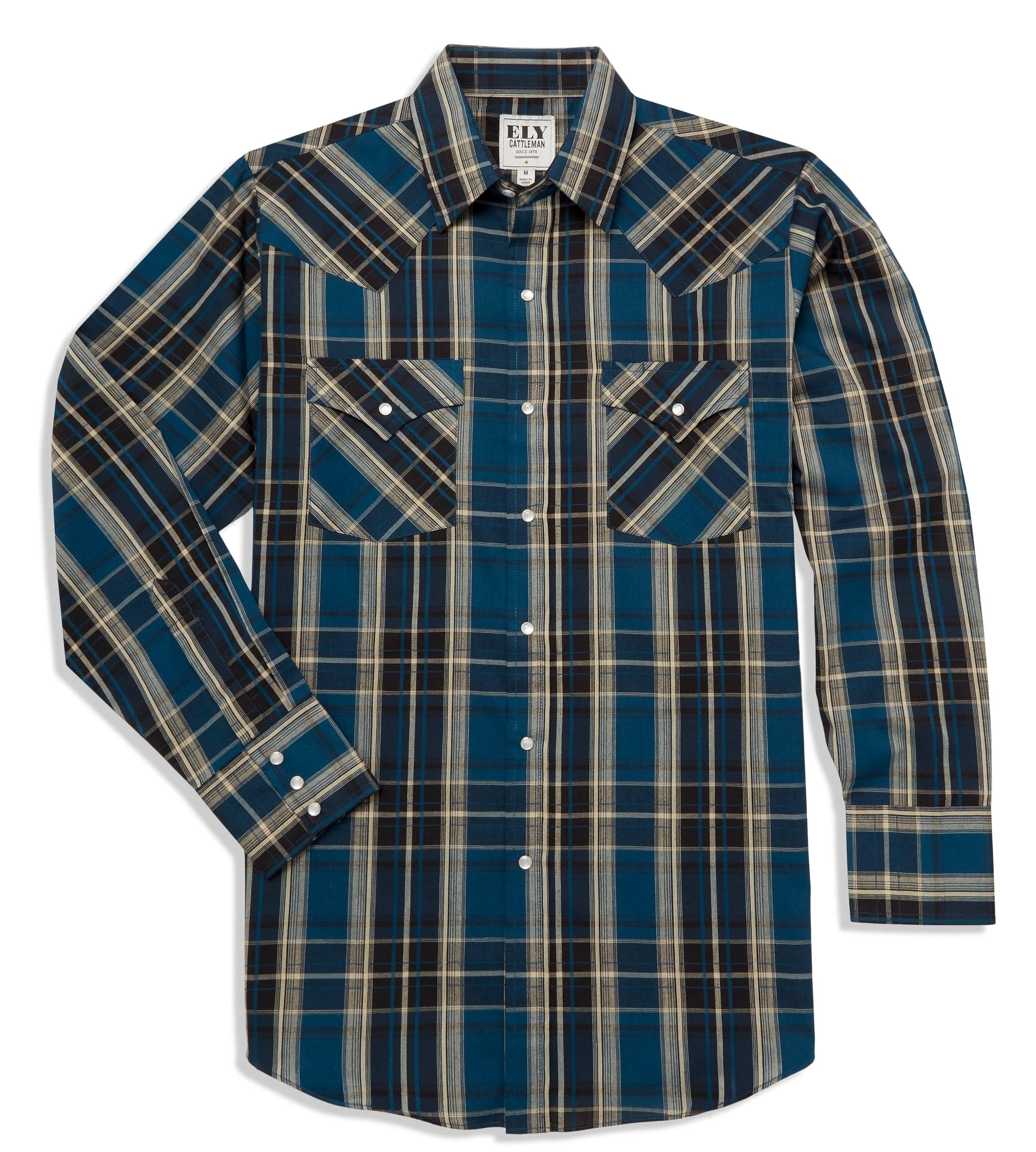 Ely Cattleman Long Sleeve Textured Plaid Western Snap Shirt- Blue & Teal