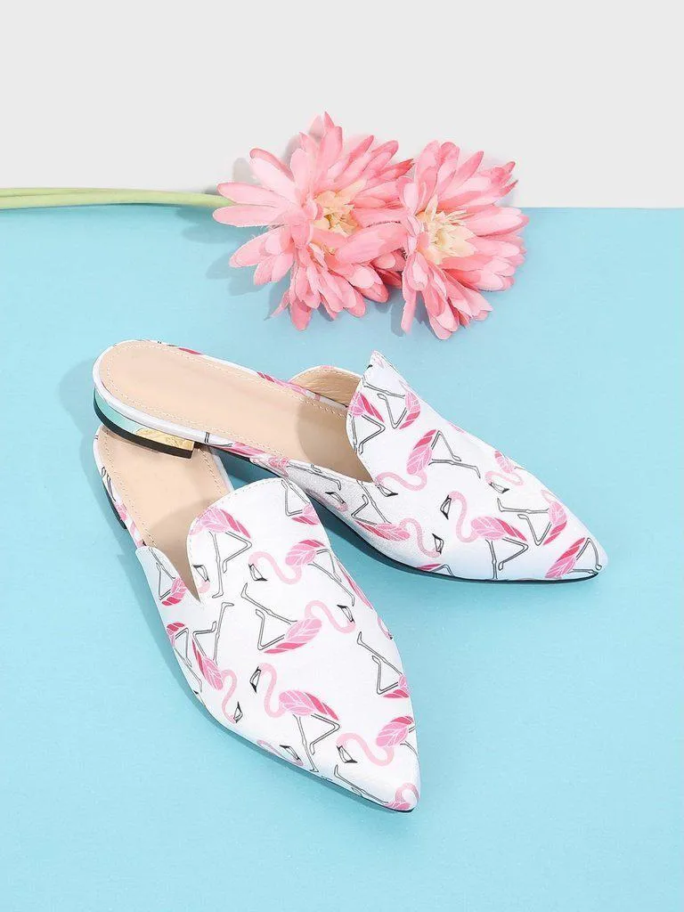 Flamingo Print Pointed Toe Flats