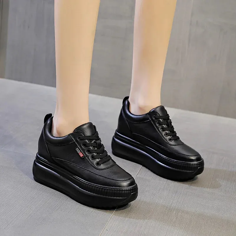 Joskaa 2024 New Black Platform Leather Women Sneakers