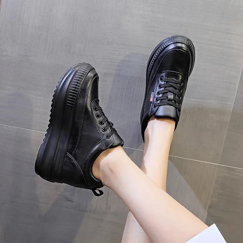 Joskaa 2024 New Black Platform Leather Women Sneakers