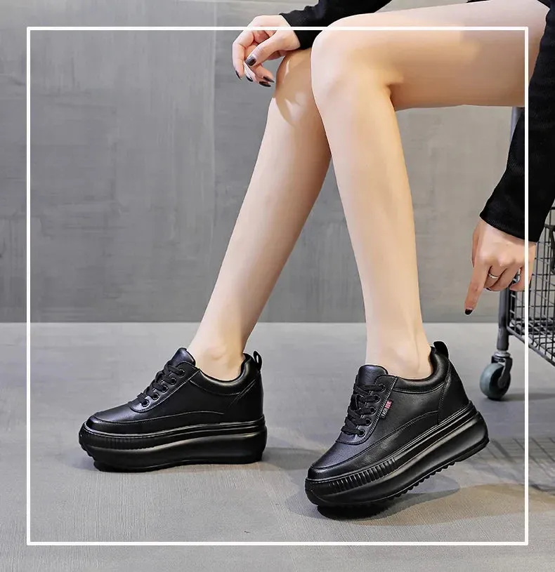 Joskaa 2024 New Black Platform Leather Women Sneakers