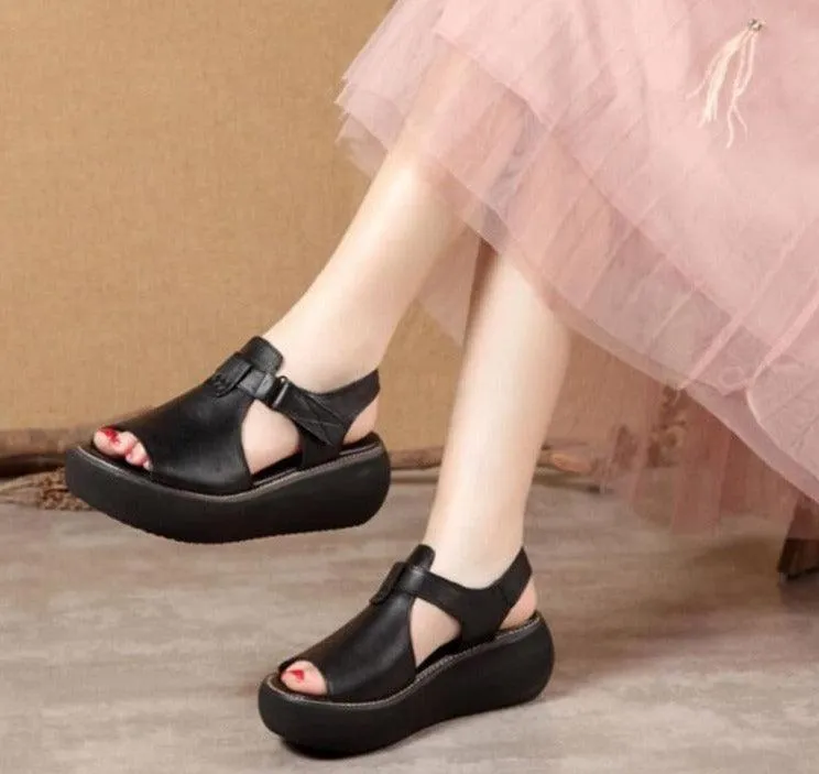 Leather Open-Toe Wedge Sandals