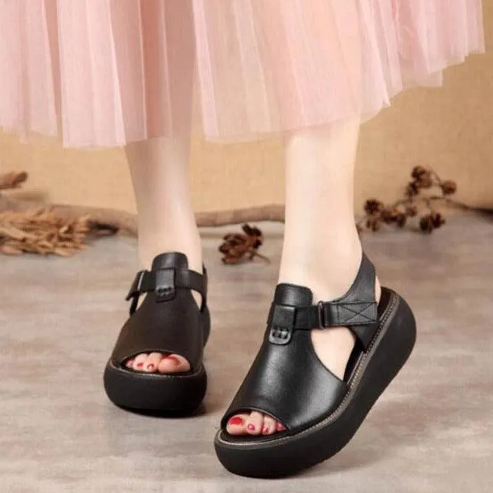 Leather Open-Toe Wedge Sandals