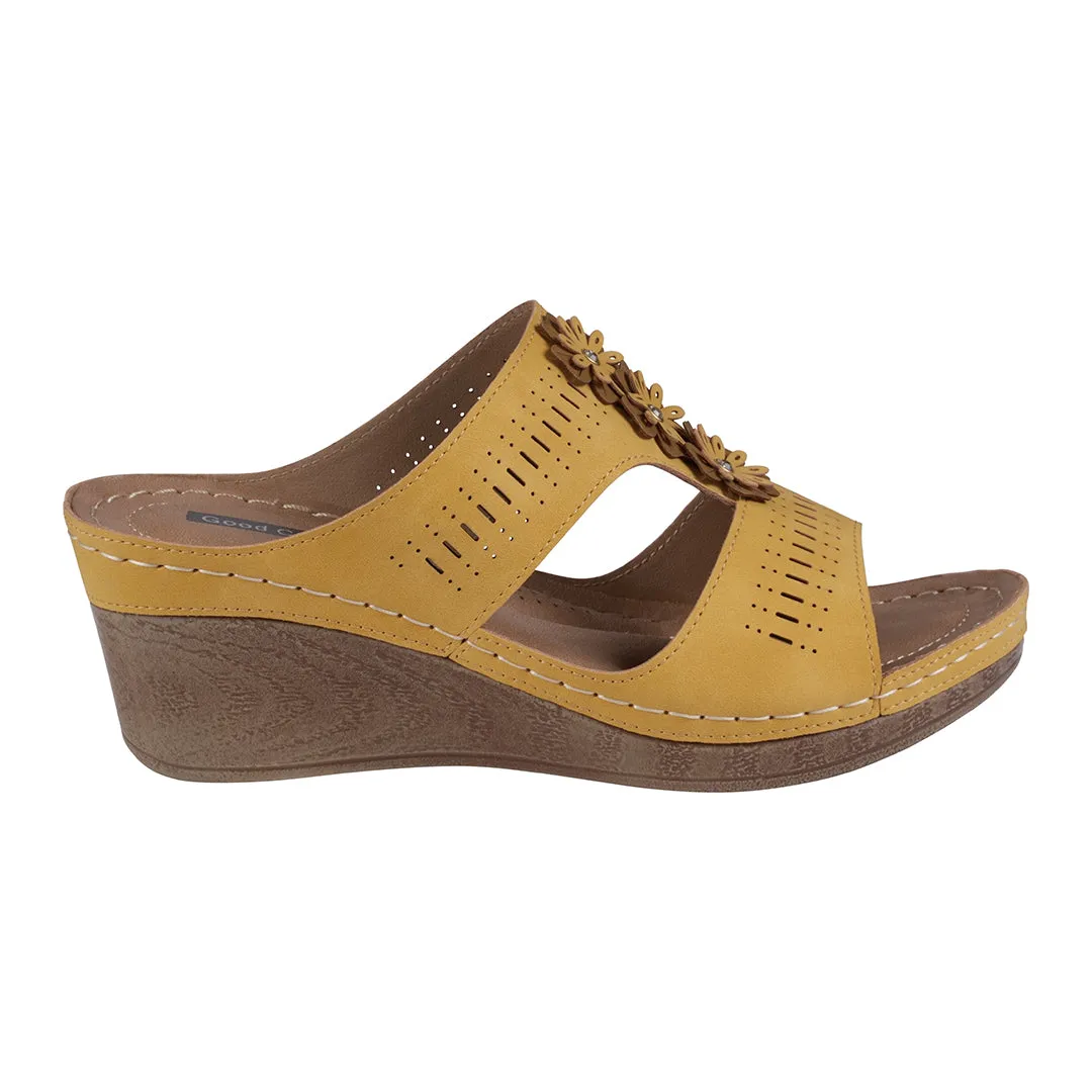 Lisette Perforated Yellow T-Strap Flower Wedge Sandals