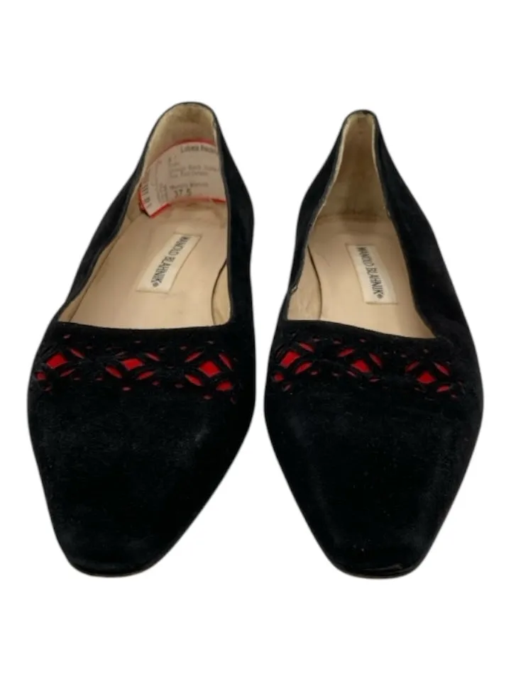 Manolo Blahnik Shoe Size 37.5 Black Suede Pointed Square Toe Red Details Flats