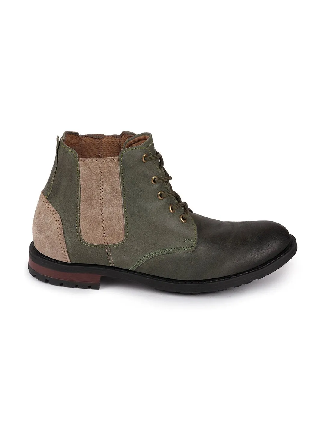 Men Olive Outdoor Leather Lace Up Chelsea Boots