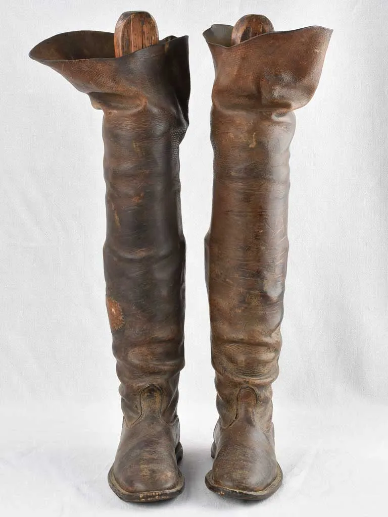 Pair of coachman's leather riding boots w/ wooden shoe stays - 19th century 31½"