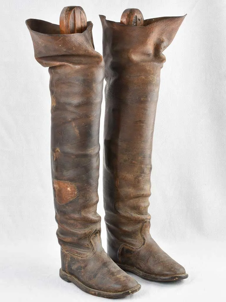 Pair of coachman's leather riding boots w/ wooden shoe stays - 19th century 31½"