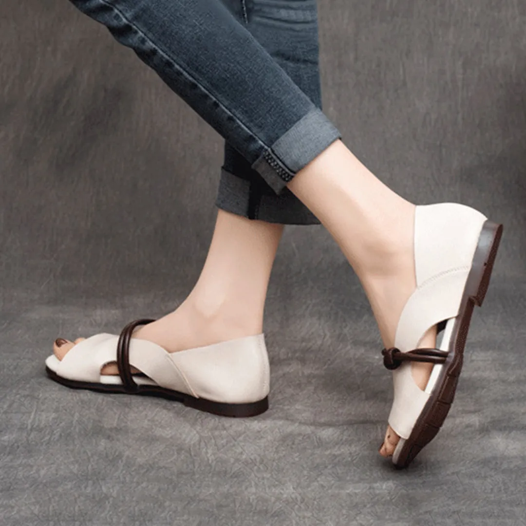 Peep Toe Solid Flat Leather Sandals