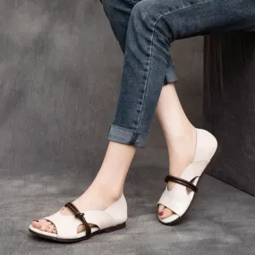 Peep Toe Solid Flat Leather Sandals