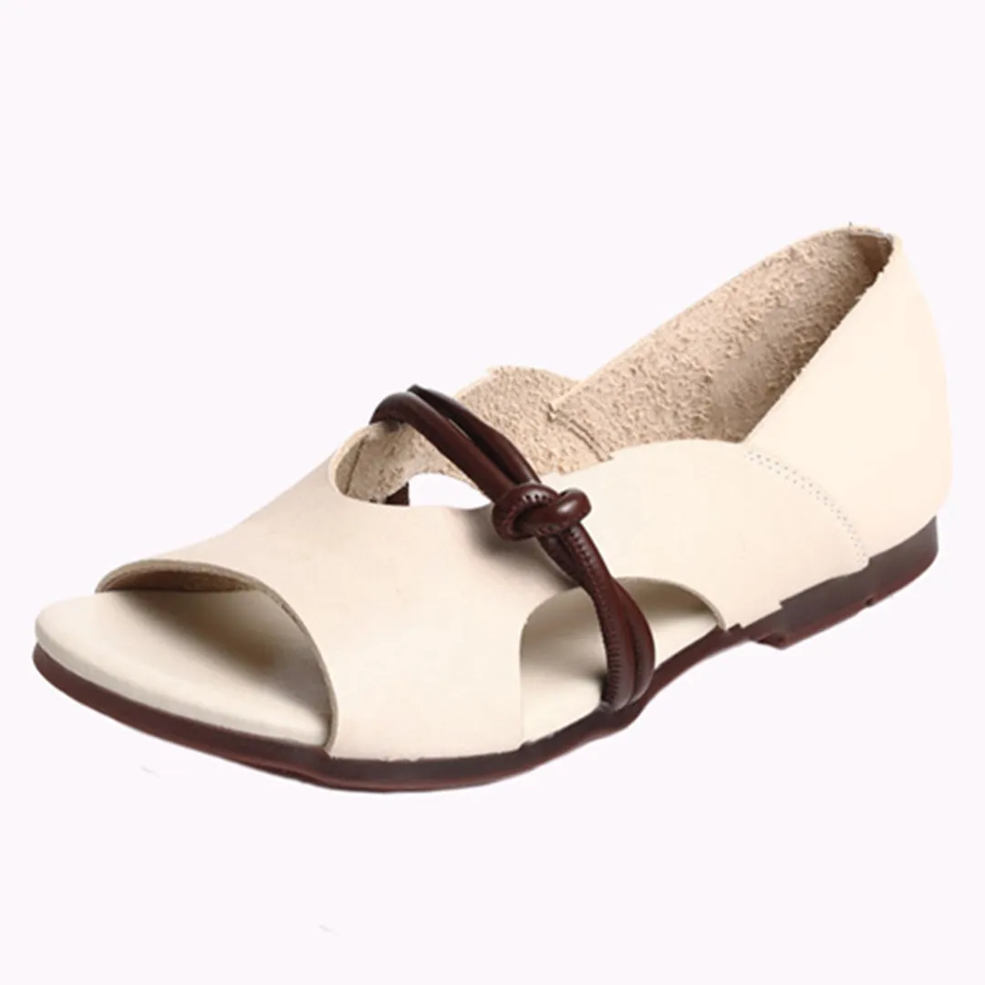 Peep Toe Solid Flat Leather Sandals