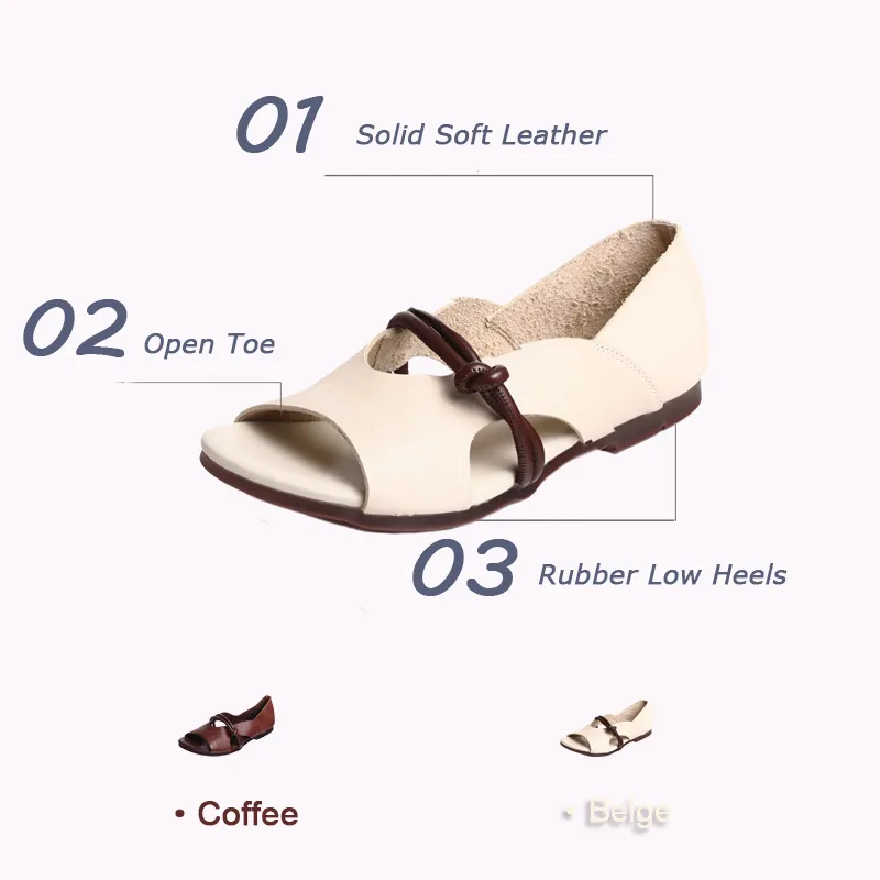 Peep Toe Solid Flat Leather Sandals