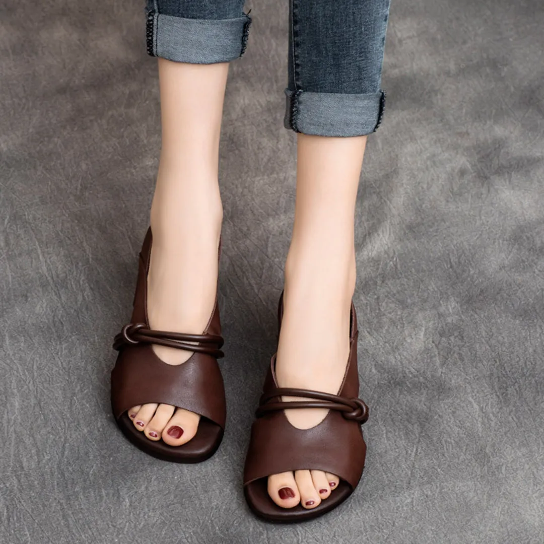 Peep Toe Solid Flat Leather Sandals