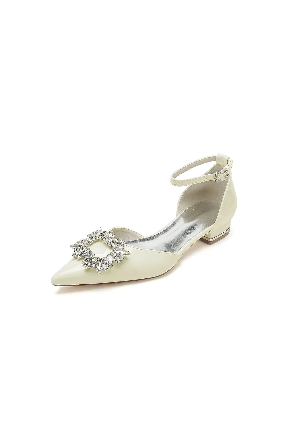 Pointed Toe Patent Leather Flats with Crystal Embellishment