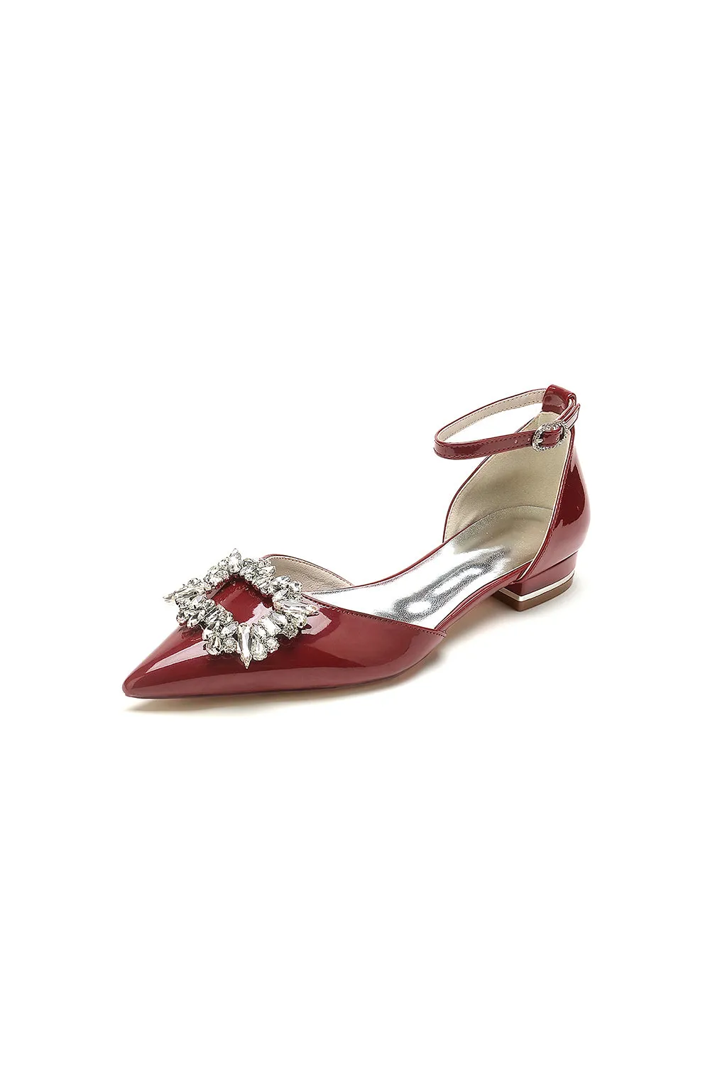 Pointed Toe Patent Leather Flats with Crystal Embellishment