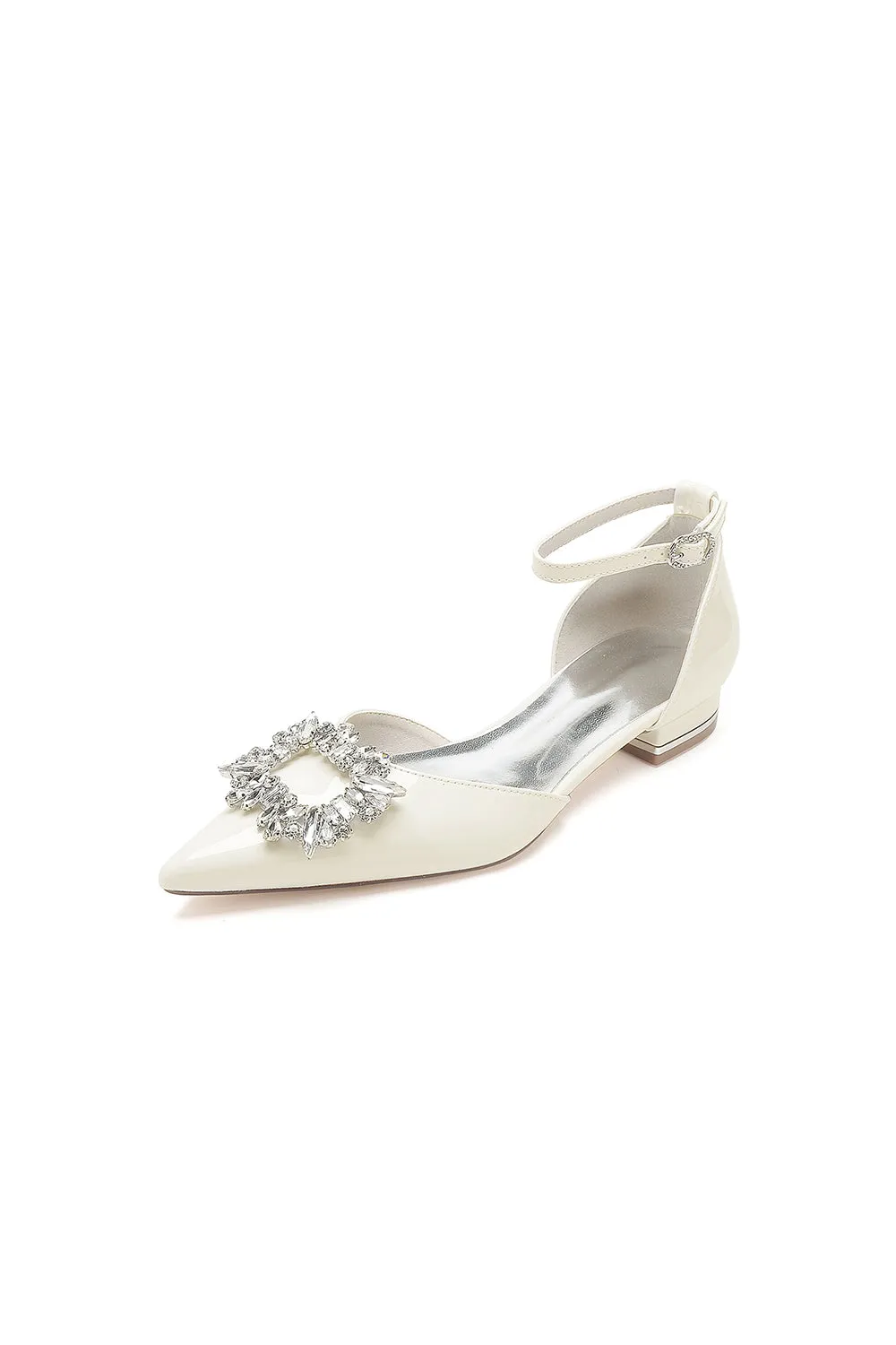 Pointed Toe Patent Leather Flats with Crystal Embellishment