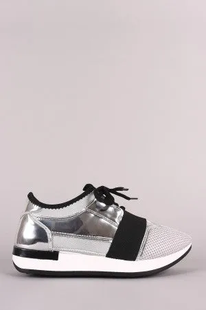 Qupid Mirror Metallic Mesh Trim Lace-Up Sneaker