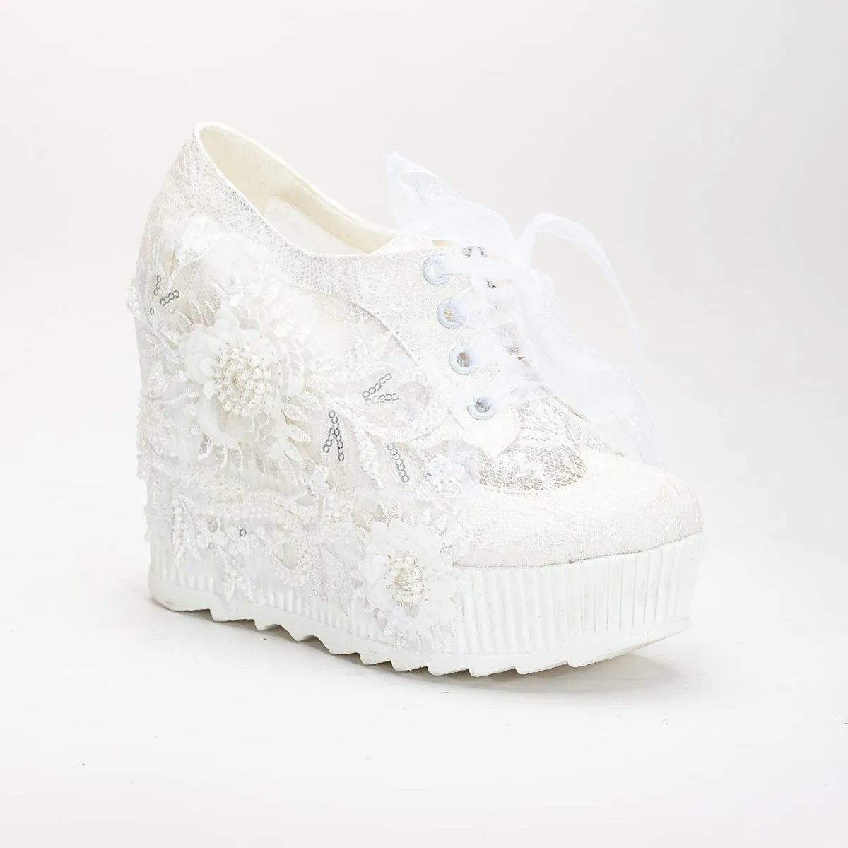 Sheri - Ivory Lace High Heel Wedding Sneakers