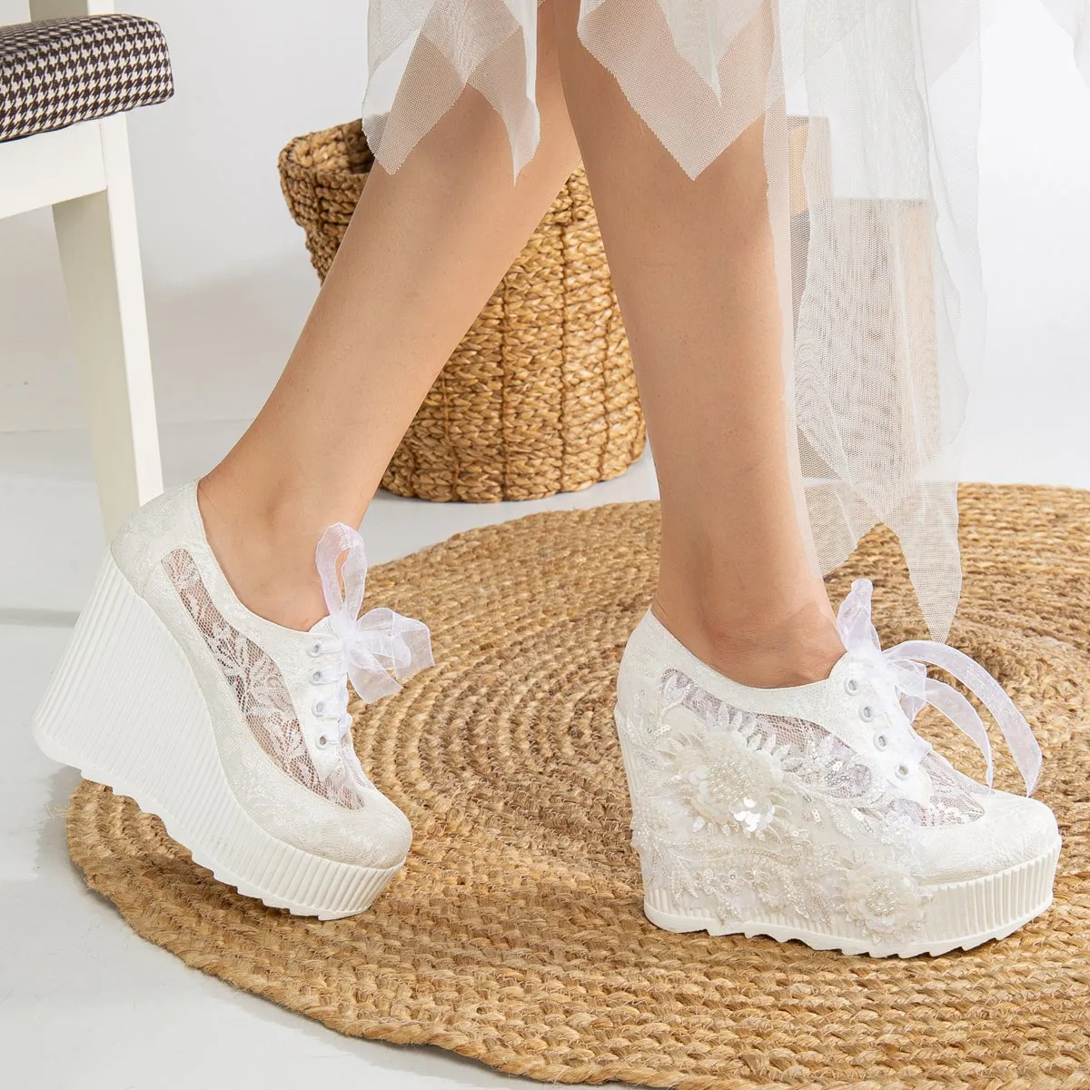 Sheri - Ivory Lace High Heel Wedding Sneakers