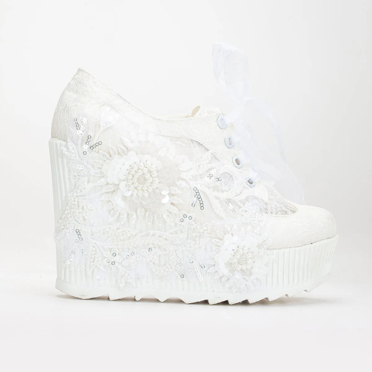 Sheri - Ivory Lace High Heel Wedding Sneakers