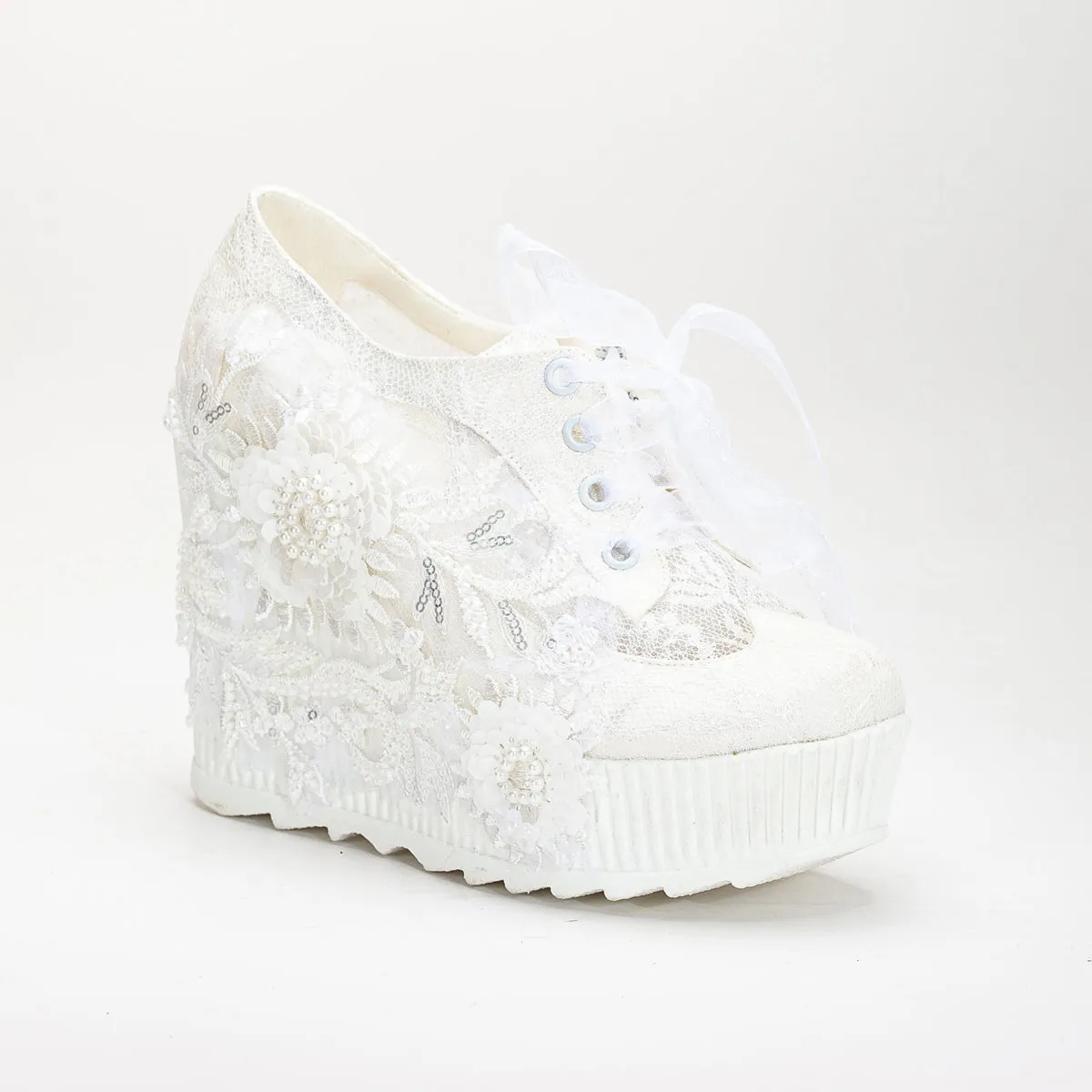 Sheri - Ivory Lace High Heel Wedding Sneakers