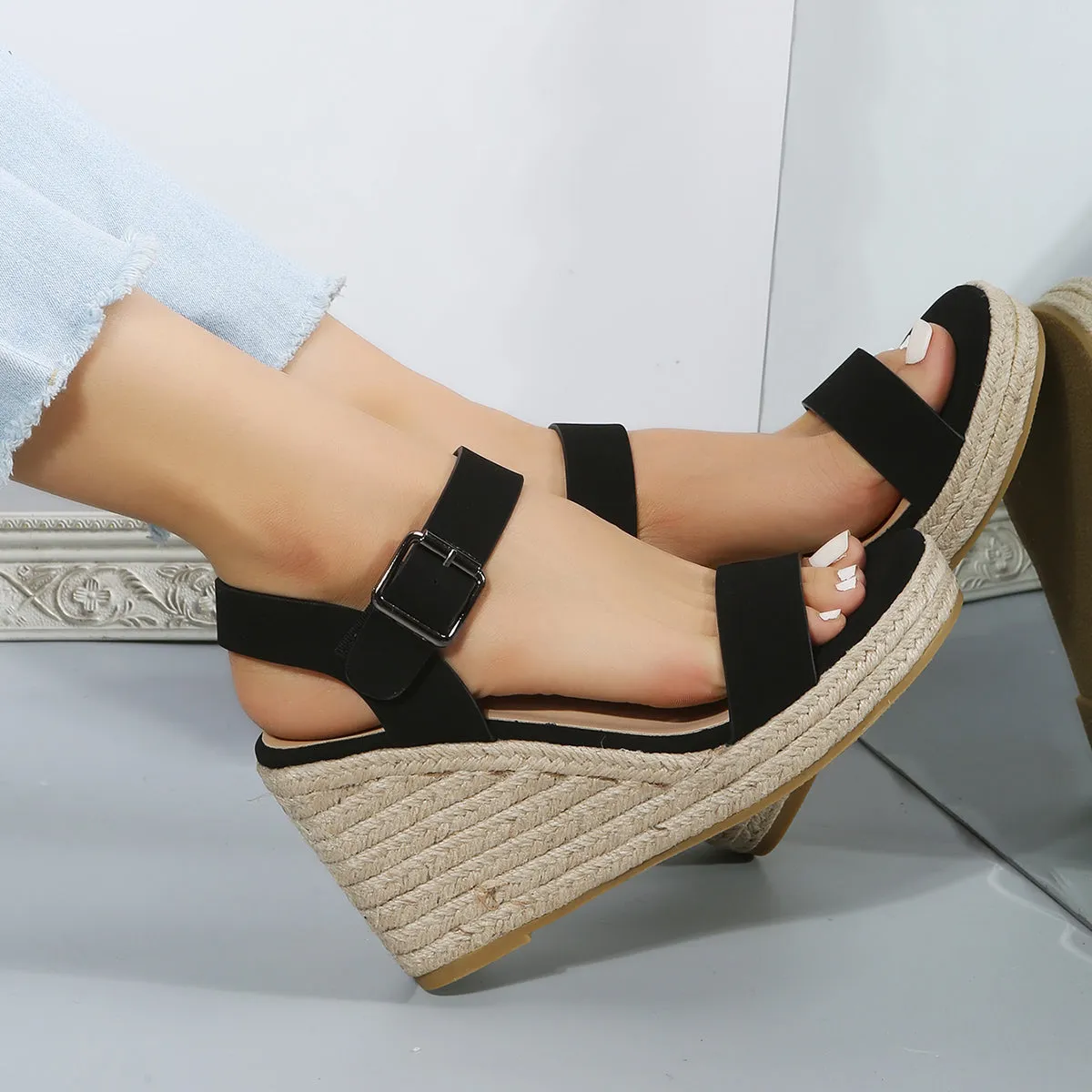 Sohiwoo  Black Platform Espadrille Wedges Open Toe Buckle Strap Sandals for Women