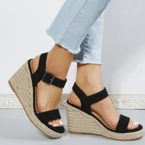 Sohiwoo  Black Platform Espadrille Wedges Open Toe Buckle Strap Sandals for Women