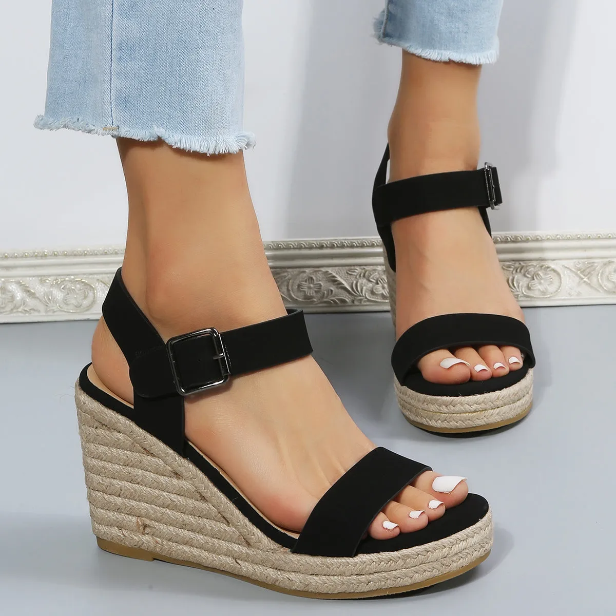 Sohiwoo  Black Platform Espadrille Wedges Open Toe Buckle Strap Sandals for Women