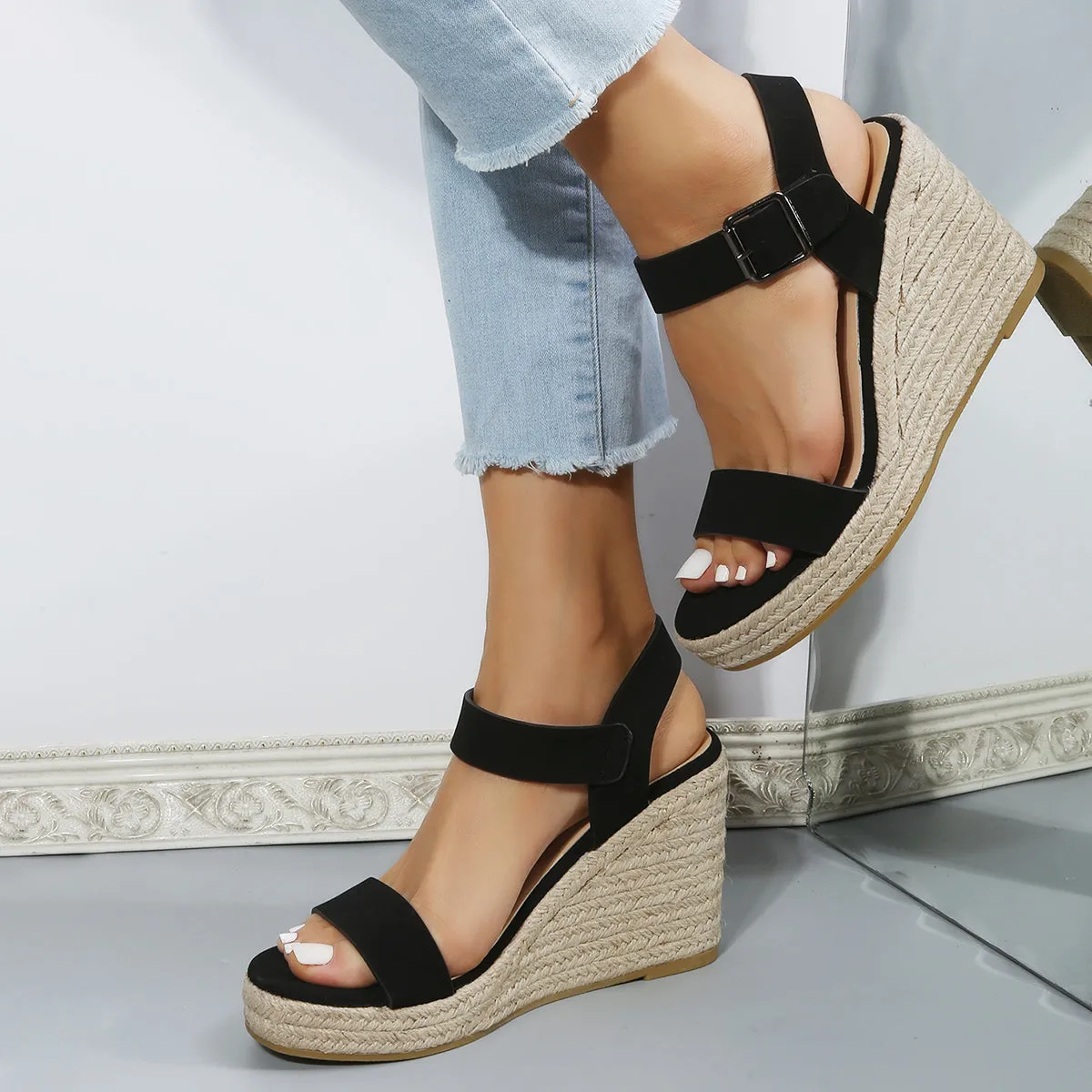 Sohiwoo  Black Platform Espadrille Wedges Open Toe Buckle Strap Sandals for Women