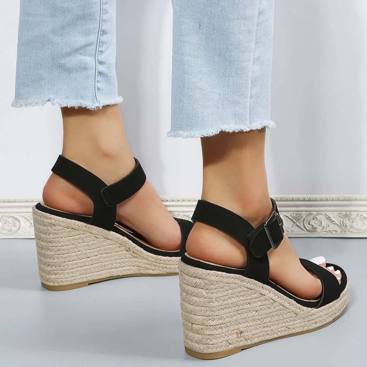 Sohiwoo  Black Platform Espadrille Wedges Open Toe Buckle Strap Sandals for Women