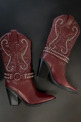 The Wine Is Flowing Burgundy Rhinestone Western Boots