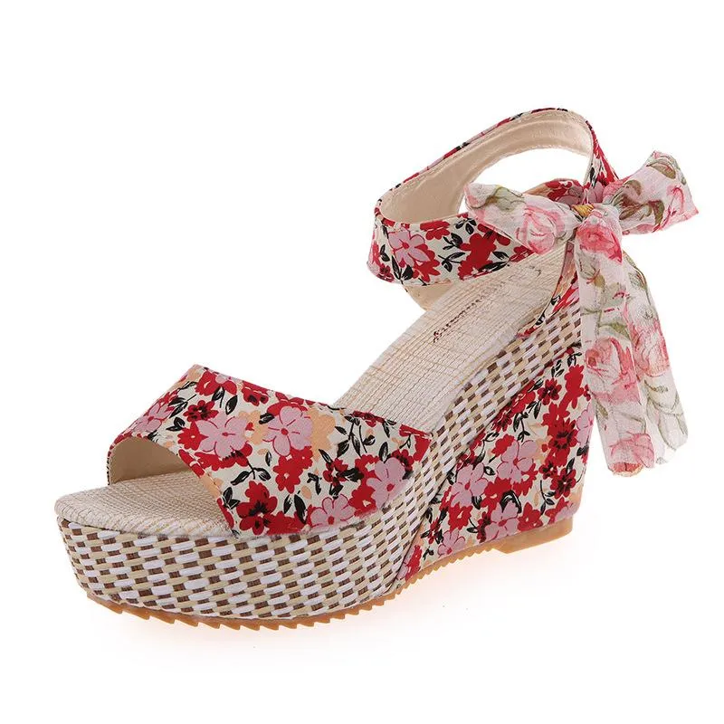 Women's floral print boho platform wedge sandals with buckle strap